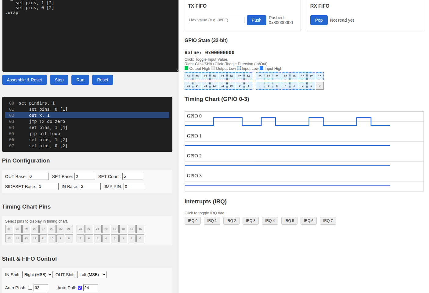 WS2812 PIO Program in Simulator with FIFO and Left Shift